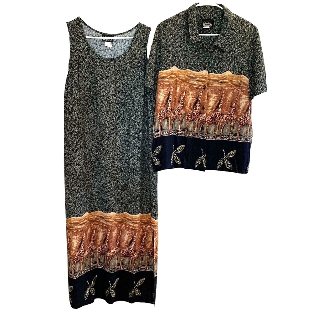 Whirlaway 2-PC Dress Womens 16 Giraffe Print Bohemian Side Slits Rayon VTG 80s